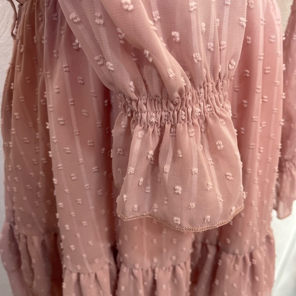Swiss Dot Frill Neck Flounce Sleeve Ruffle Hem Mini Spring Dress Pastel Pink Sm - Picture 6 of 12